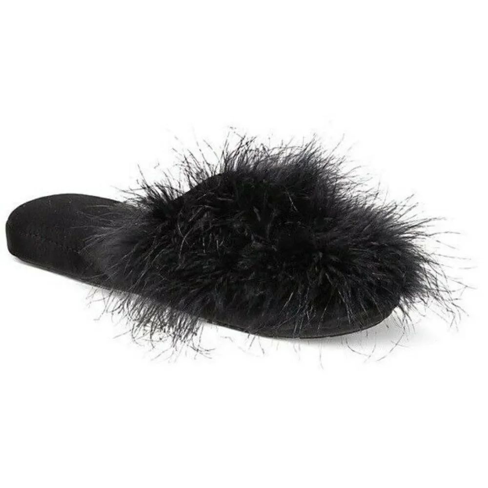 INC International Concepts Deep Black Wedge Faux-Marabou Slippers Small 5-6 New